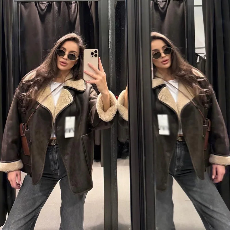 Herfst Dames Bruin + Zwart Vintage Effen Bont Geïntegreerde Korte Jas Dames Knoppen Lange Mouw Chique Dikke Jas Straat