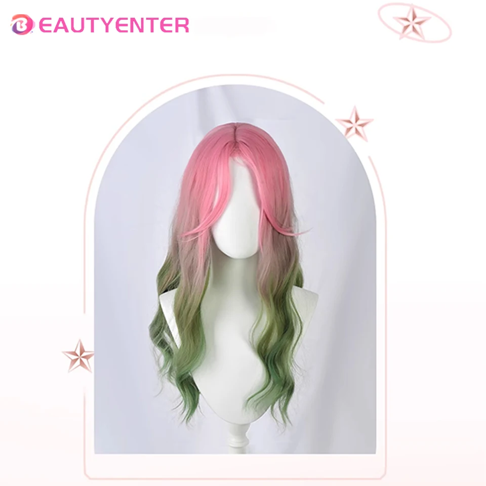 BEAUTYENTER Peruka syntetyczna Szykowne dziewczyny Cosplay Włosy Gradient Szary Różowy Zielony 60cm Długie faliste Lolita Śliczne grzywki Skóra