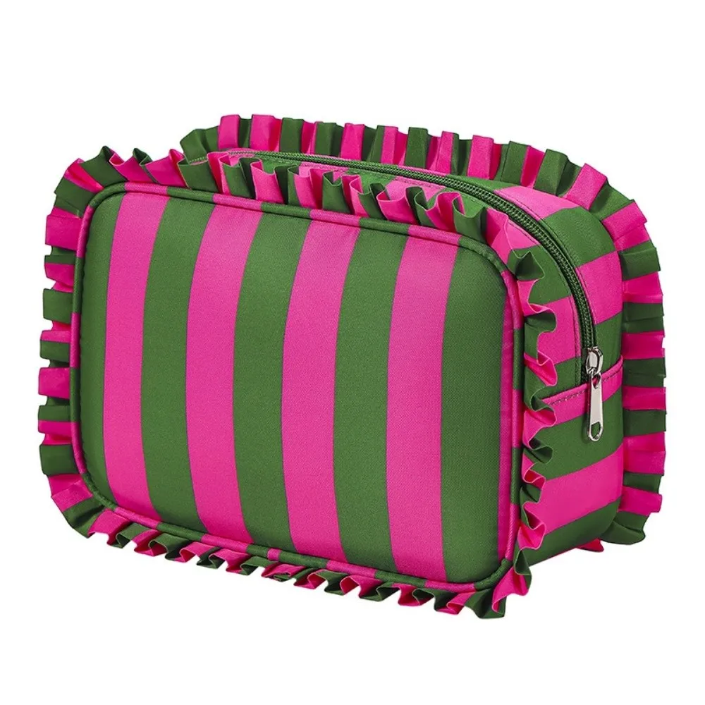 Ruffle Decoration Striped Cosmetic Bag Oxford Zip Top Women's Makeup Case Portable Flat Bottom Striped Makeup Organizer