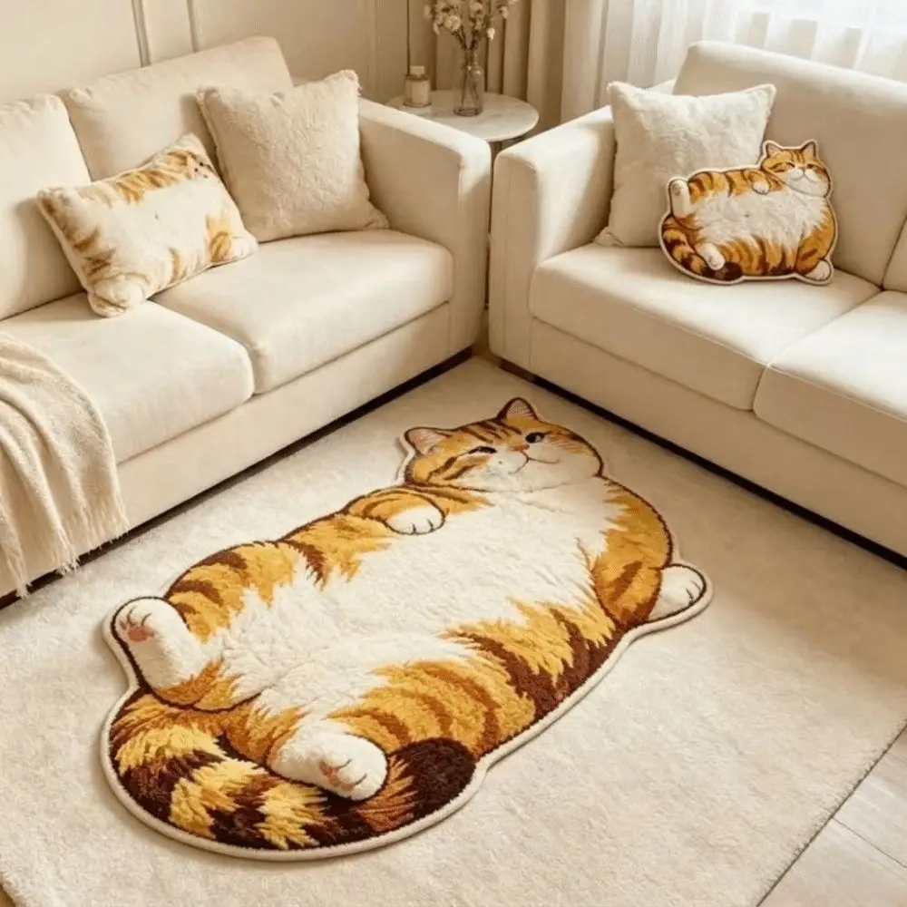 Soft Surface Cat Shape Floor Mat 2D Printed Cute Outline Crystal Velvet Rug Easy Clean Cool Floor Barrier Animal Area Rug