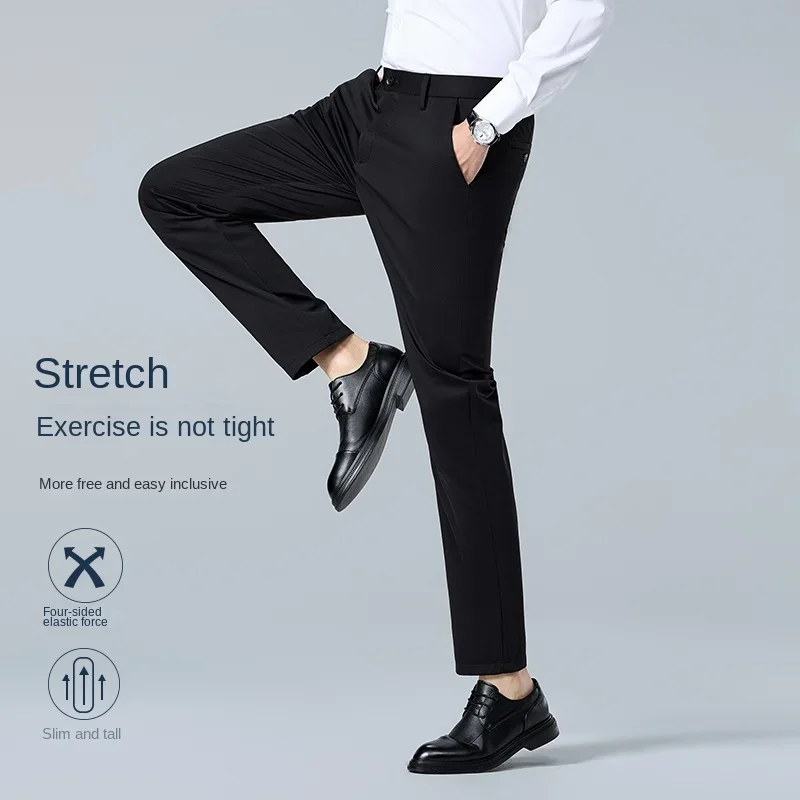 Men's Suit Pants Casual Formal-Pants Elastic Mid-waist Baggy Trousers Straight Business Official Trousers for Adult Man