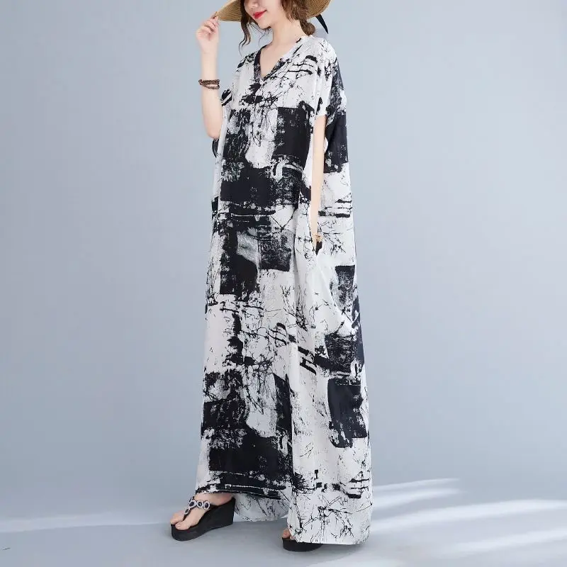 Women\'s Stylish Vintage Print Oversized Short Sleeve Casual Long Dresses Summer V Neck Boho Vacation Beach Maxi Dress Robe Femme