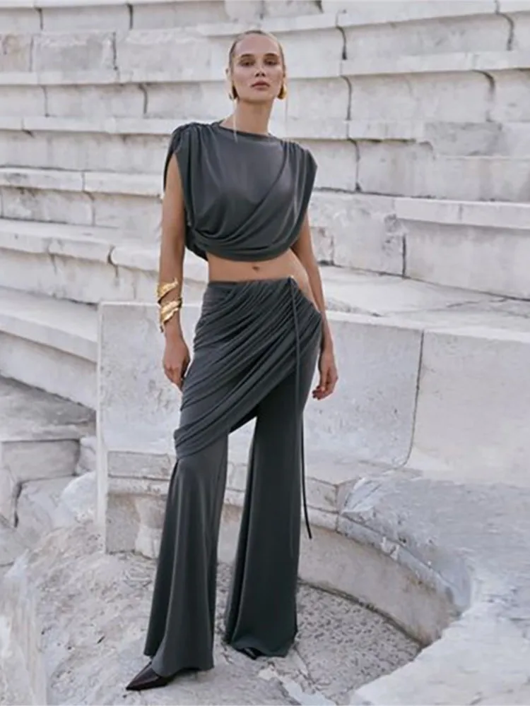 

New Elegant Ruched 2Piece Set Summer Women Chic Irregular Tank Tops Tops Long Pants Sets Casual Basic Classic Female Streetwear