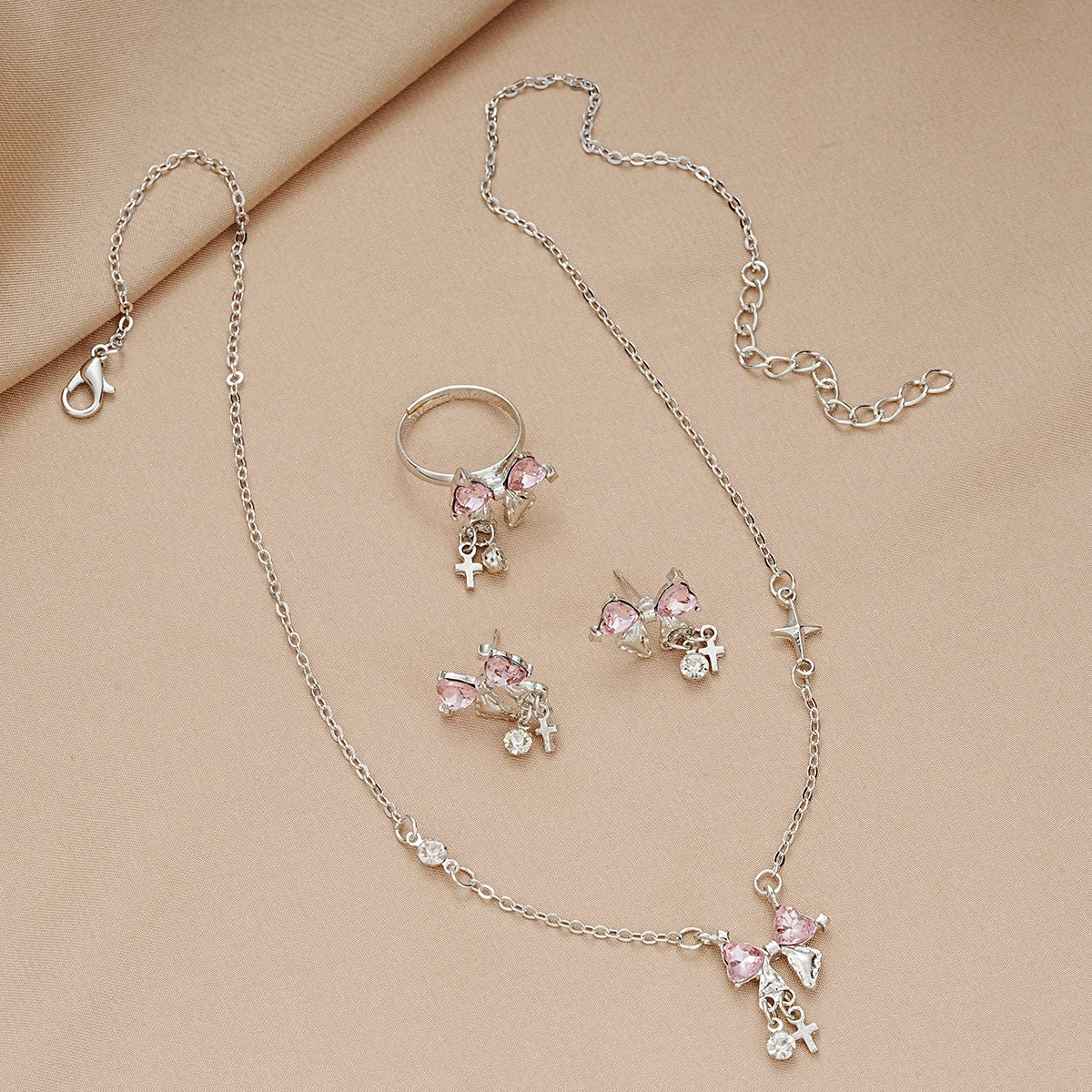 Conjunto romántico de anillo y pendientes de cristal con lazo rosa para mujeres y niñas, conjunto de joyería con cadena y colgante de lazo dulce, regalos de fiesta