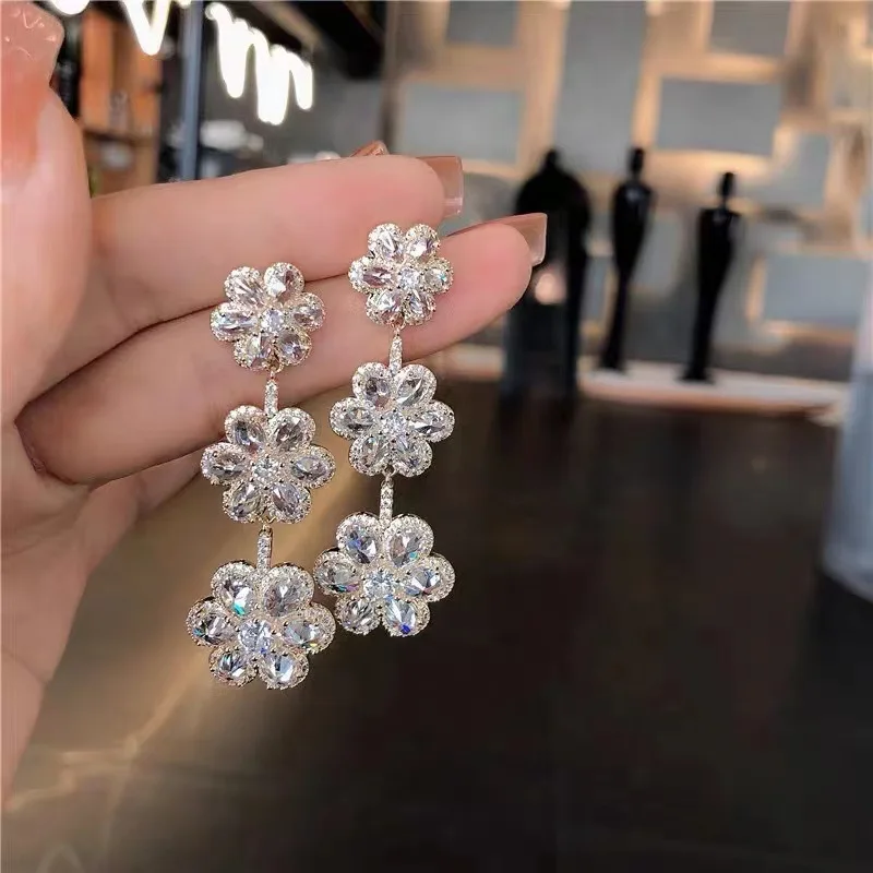 Elegant Flower Earrings for Women Charm Micro Set White Cubic Zirconia Silver Color Long Earring Dangle Korean Style Jewelry