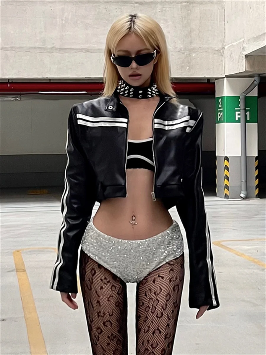 

Weird Puss Wild Stripe Print PU Crop Jacket Женская трендовая готическая панк-молния с металлическими пуговицами и длинным рукавом Hottie Midnight Street Клубная одежда