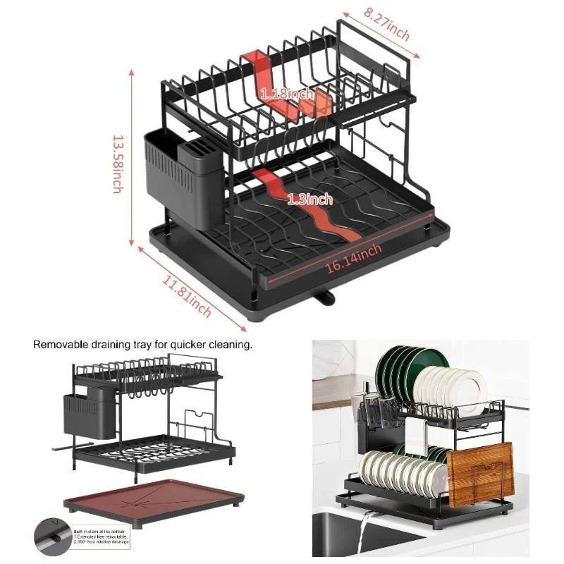 

Large 2-tier dish drying rack with drainboard & utensil holder, detachable shelves, removable drainage, sink/countertop use