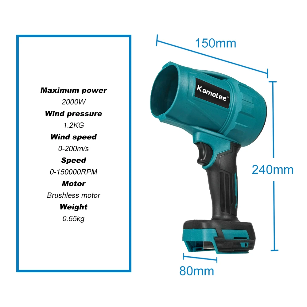 Kamolee Brushless 2000W Electric Turbo Blower Jet Fan 200M/S Violent Car Dryer Handheld Dust Blowing Tool for Makita 18V Battery