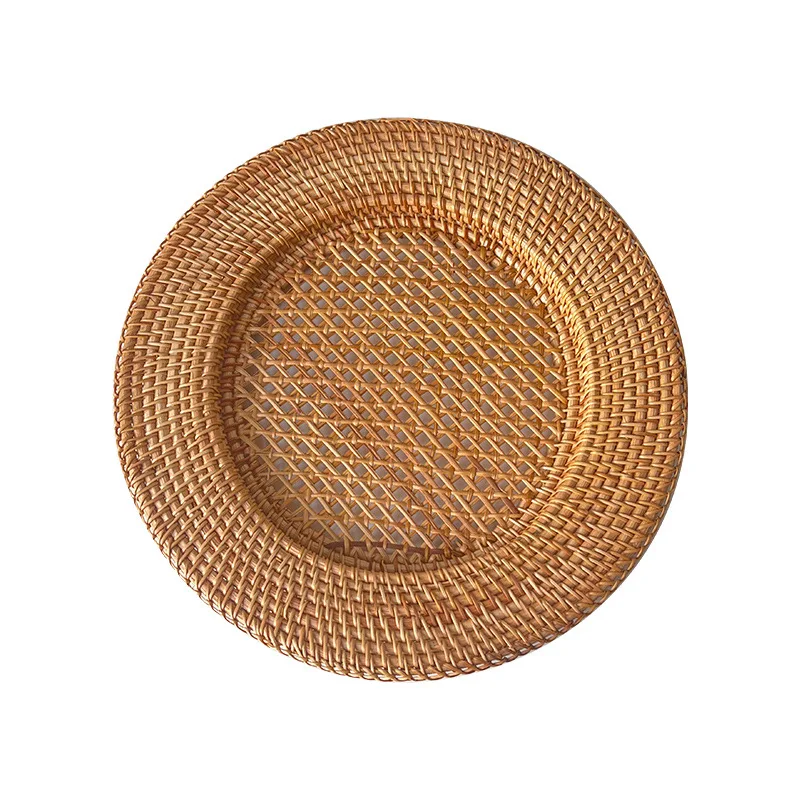 13 inch Handmade Natural Rattan Plate Decorative round placemat Bread Snack Serving Tray INS Table Decor