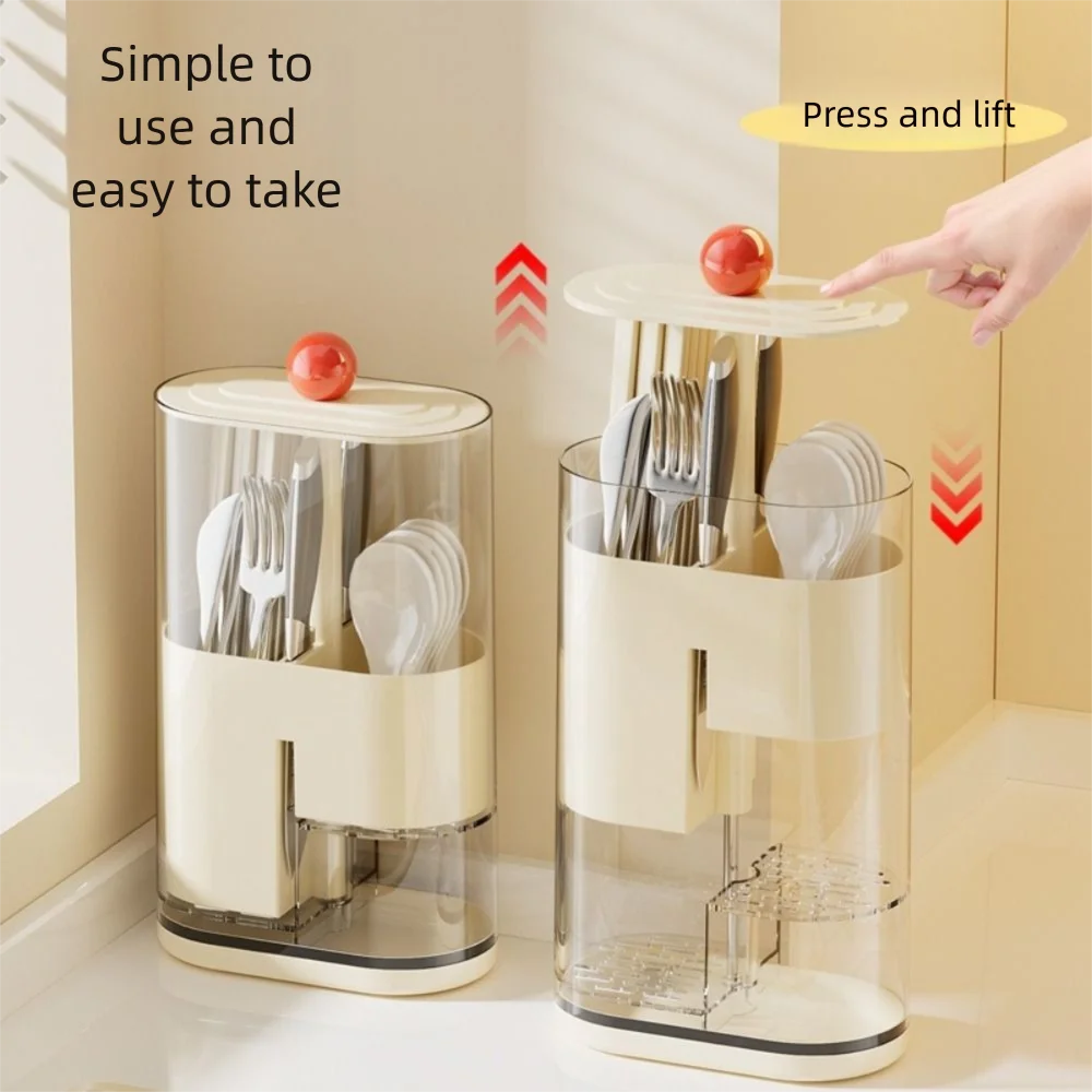 

PP Lifting Chopsticks Holder Dustproof Drain Water Chopsticks Storage Rack Creative Design Large Capacity Spoon Storage Box