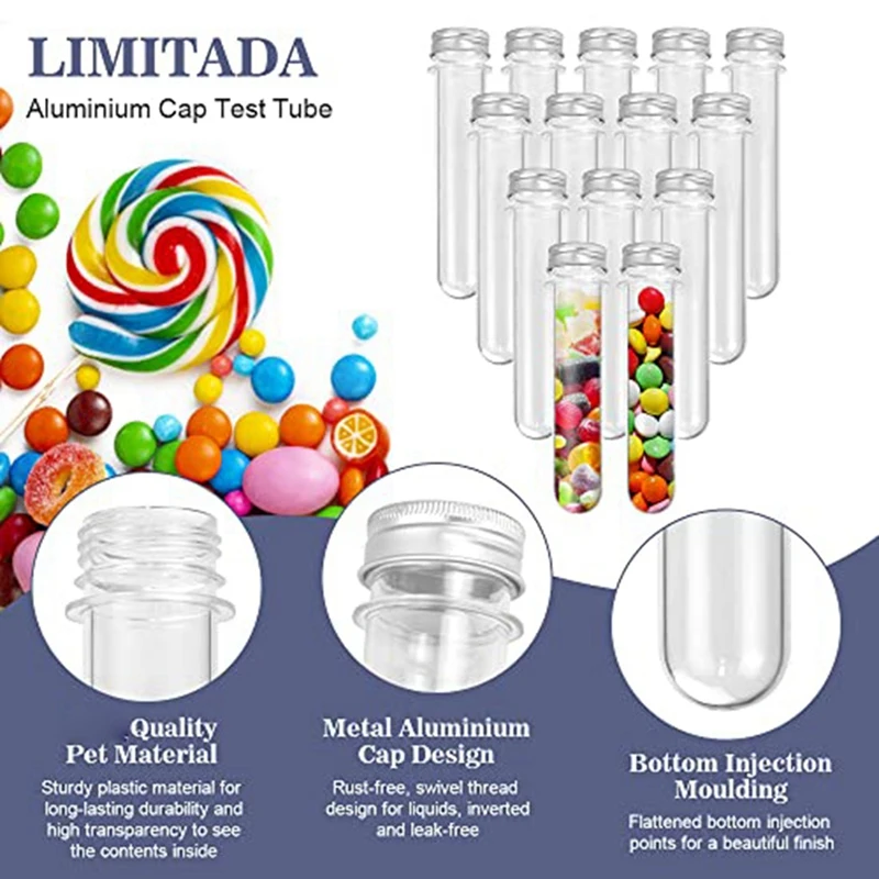 100ml 투명 플라스틱 테스트 튜브, 나사 캡이 있는 검볼 캔디 튜브, 결혼식 파티용 청소 브러시 1 개, 15 개