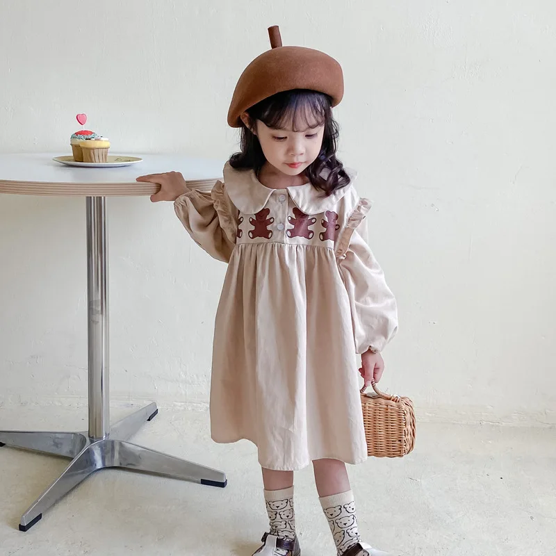 

2024 Winter New Girls Dress Long Sleeve Peter Pan Collar Print Bear Khaki Designer Girls Princess Dress Vestido 18M-7T