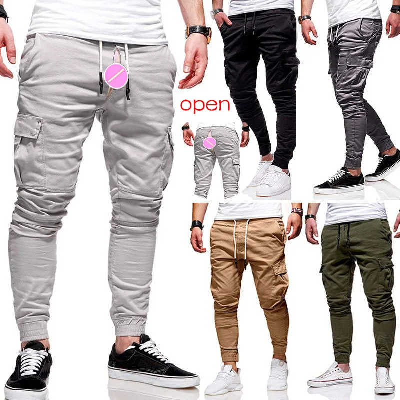 Cotton Leisure Cargo Trousers Invisible Open Crotch Sex Boyfriend Jeans Strap Multi-Pocket Denim Outdoor Sports Men's Clothing