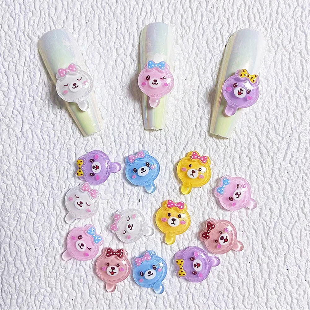 20szt Cute Jelly Bear Nail Art Charm 3D Resin Summer Colorful Clear Mini Bear Nail Decoration DIY Kawaii Manicure Akcesoria