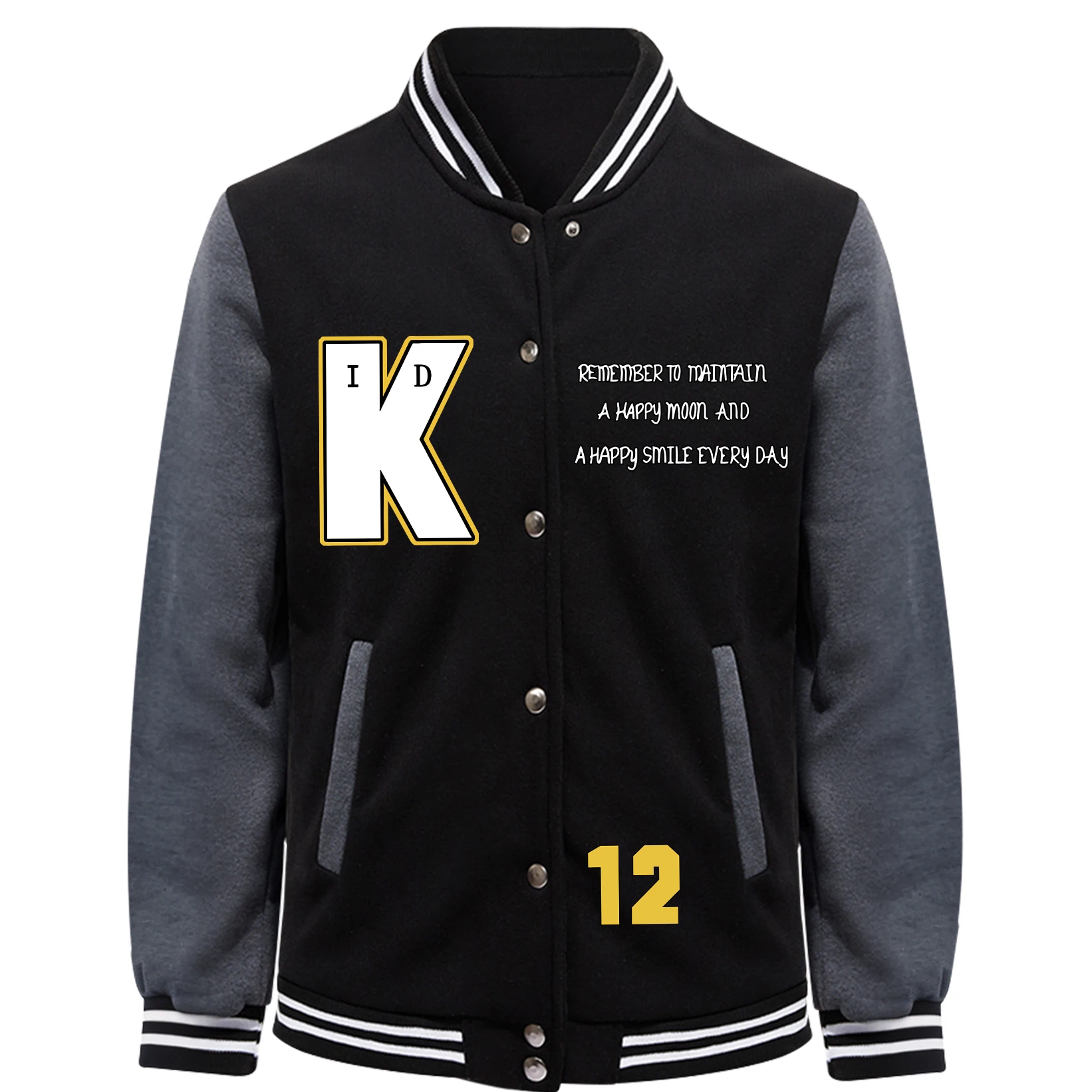 سترة مطبوعة A Happy Moon And K 12 للرجال للخريف فضفاضة من الجيرسيه البيسبول كاجوال من الصوف ملابس الشارع للجنسين معطف بأزرار أمريكية