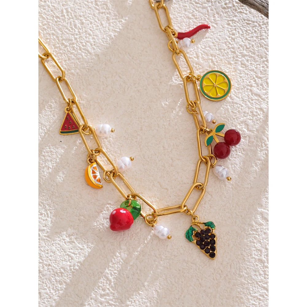 Yhpup 2025 Enamel Fruits Pendant Drop Necklace New Arrival for Women Stainless Steel Golden Waterproof Charms Handmade Jewelry