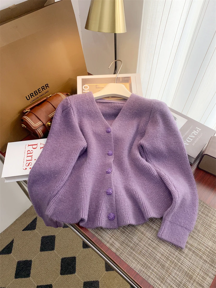 

Korean Knitted Cardigan for Women 2024 Autumn Winter New Vintage V-Neck Long Sleeve Pockets Button Single Breasted Sweater Coat