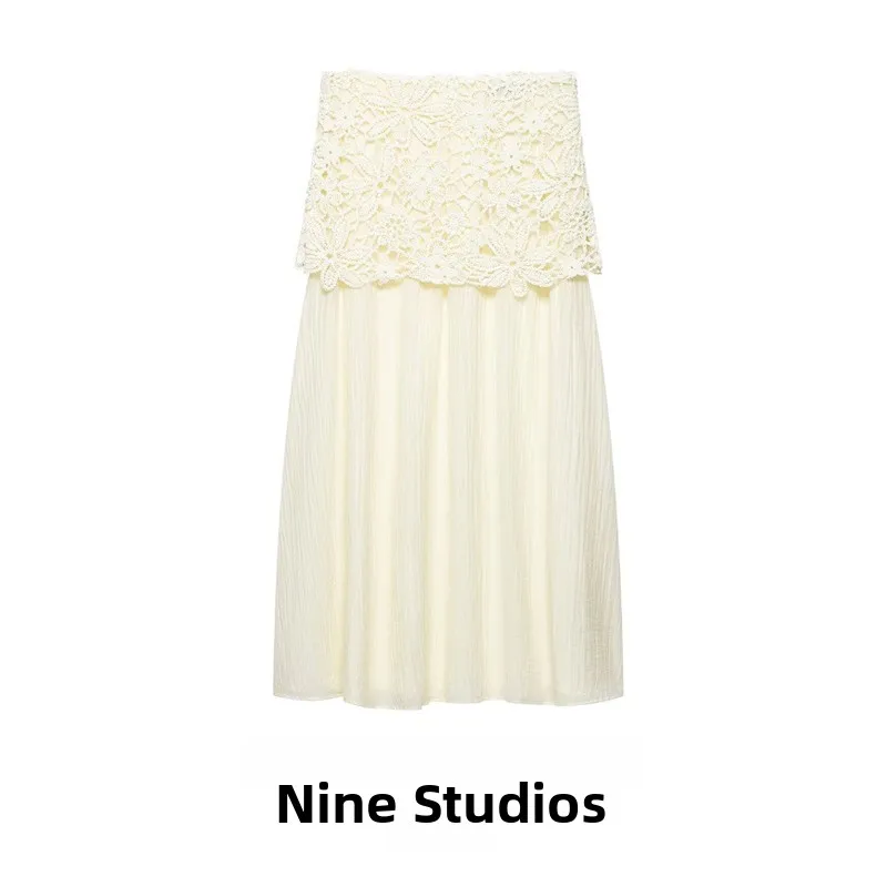 

High Waist Lace Crochet Patchwork Casual Midi Skirt Women's Standard Fit Straight Skirt Polyester Fiber Summer Season