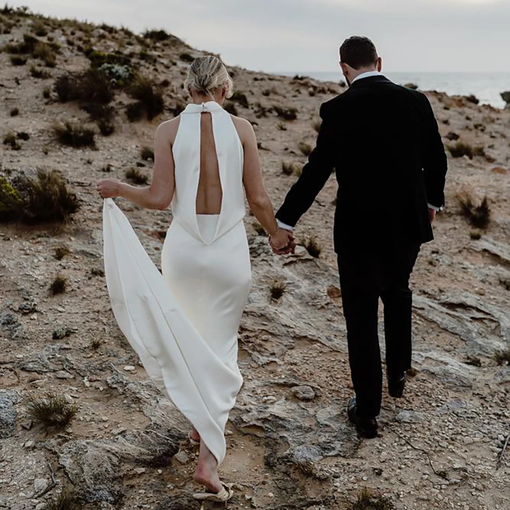 Vestido de novia de satén de seda Simple, drapeado, con espalda desbocada, cuello alto, Maxi Espalda descubierta, fruncido, talla grande