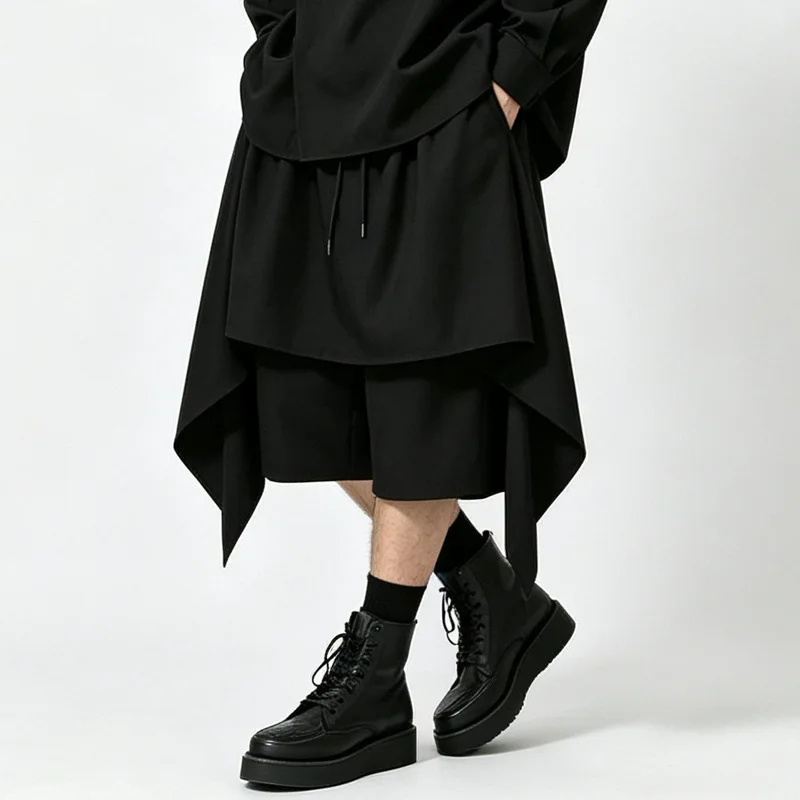 Men'S Casual Pants, Dark Style, Asymmetrical Design, Faux Two-Piece Skirt Pants, Loose-Fitting, Wide-Leg, Five-Point Shorts