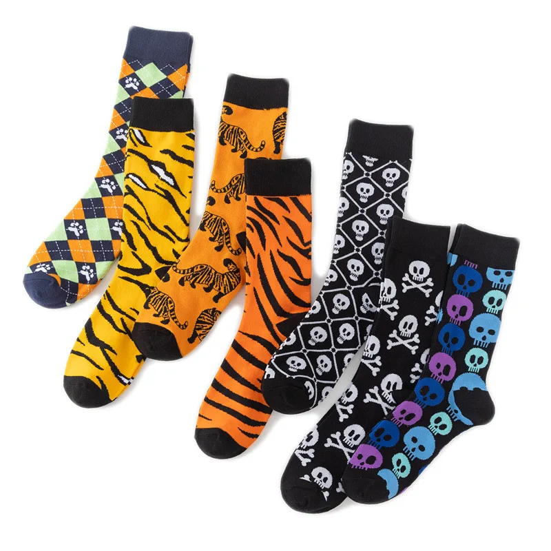 1 Pairs New Funky Skull Socks Men Tiger Cartoon Alien Novelty Hip Hop Orange Crazy Trend Socks Gift