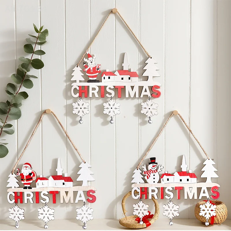 زخرفة شجرة عيد الميلاد المعلقة؛ تصميم سانتا والأيائل؛ ديكور جدار أو بوابة مصنوع من الخشب؛ قلادة رجل الثلج الاحتفالي SHIDWJ