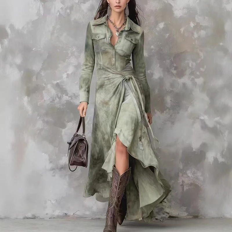 المرأة أنيقة نمط طباعة كشكش فستان طويل عادية كم طويل زر فستان الحفلات موضة التلبيب الياقة ثنيات فستان قميص سليم #5