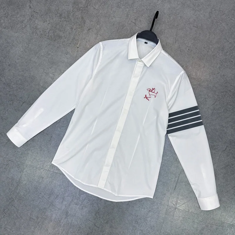 

Fashionable Long Sleeve Casual Collar Youth Business Base Shirt Spring Autumn Men's White Shirt Trendy Geometric Pattern
