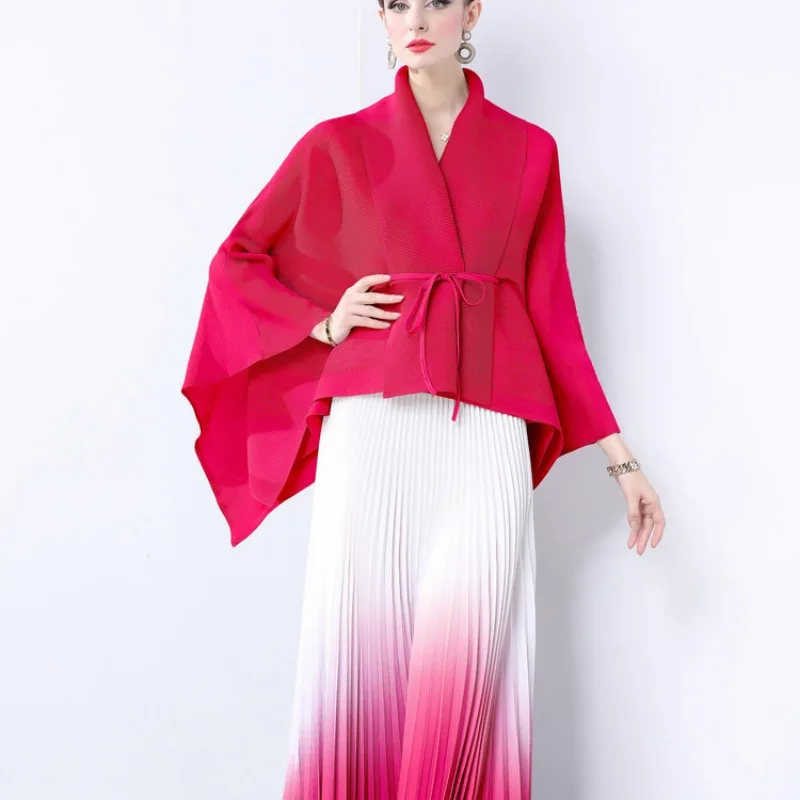Fashion Gradient 2-Piece Set Skirt Sets Spring Autumn Loose Tie-up Waist-cinching Pleats Top High-waisted Pleated Skirts New