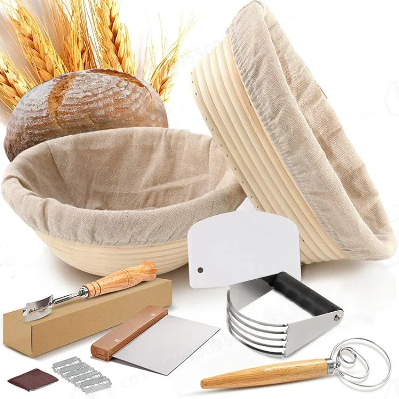 

Oval Rattan Bread ProofingBasket Wholesale Baking Kit With Dough Scraper Mixer For Artisan European Homemade Bread Baking Supply