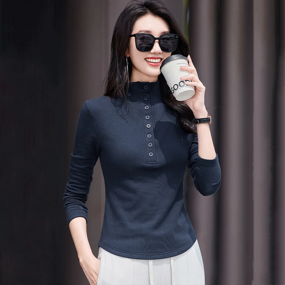 

Новая женская осенне-зимняя толстая футболка, модная базовая футболка на пуговицах с высоким воротником и тонкой талией, повседневные футболки с длинными рукавами