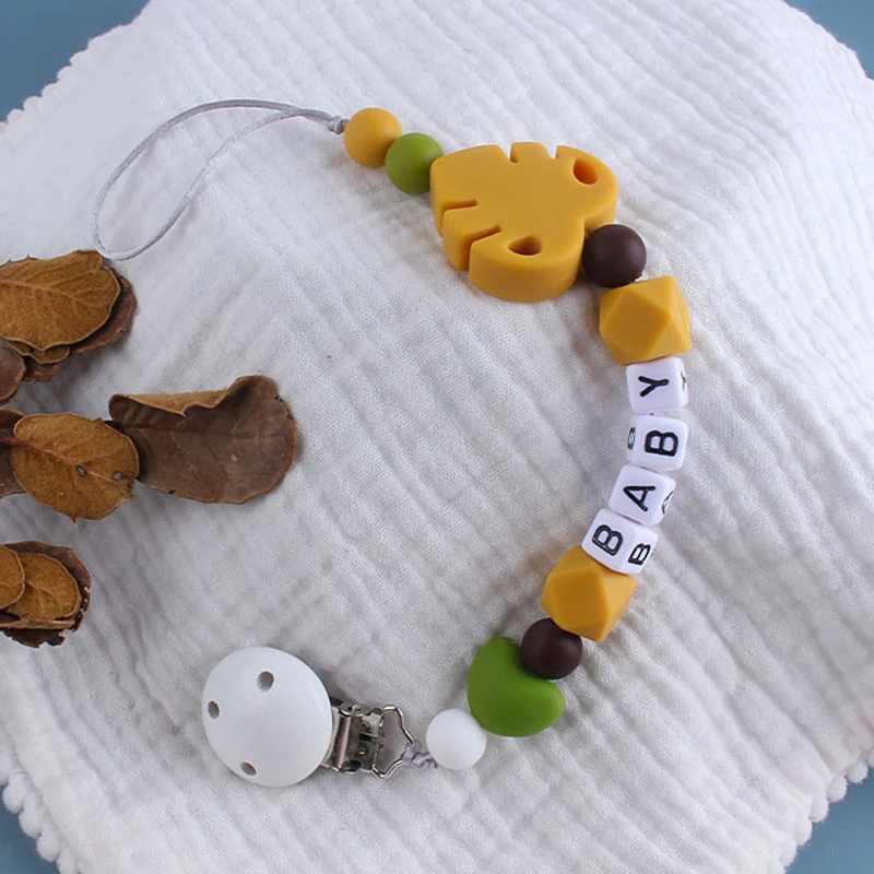 Baby Pacifier Clips Holder Silicone Leaf Beads Teething Chain Toddler Teether Toys Personalized Name Custom Baby Pacifier Chains