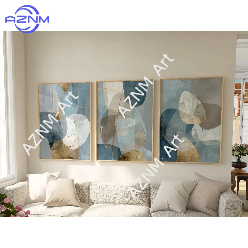 1/3Pcs Blue Gray Gold Geometric Triptych: Modern Abstract Art Prints, Set of 3