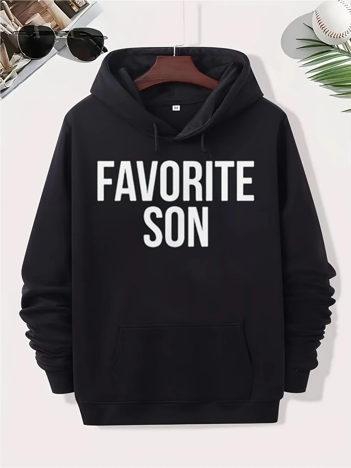 Men'S Funny Favorite Son Text Hooded Sweatshirt - All-Season Knit Pullover Hoodie with Kangaroo Pocket, Casual Crew Neck Long Sleeve, Black with White Lettering - Festivals And Casual Wear - Machine Washable Hoodie, Holiday Clothing, Art Design