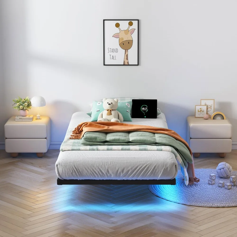 إطار سرير بمنصة عائمة مزدوجة الحجم مع أضواء LED، محطة شحن، ارتفاع 10 بوصة - لا حاجة إلى صندوق زنبركي، سهل التجميع، وضع #4