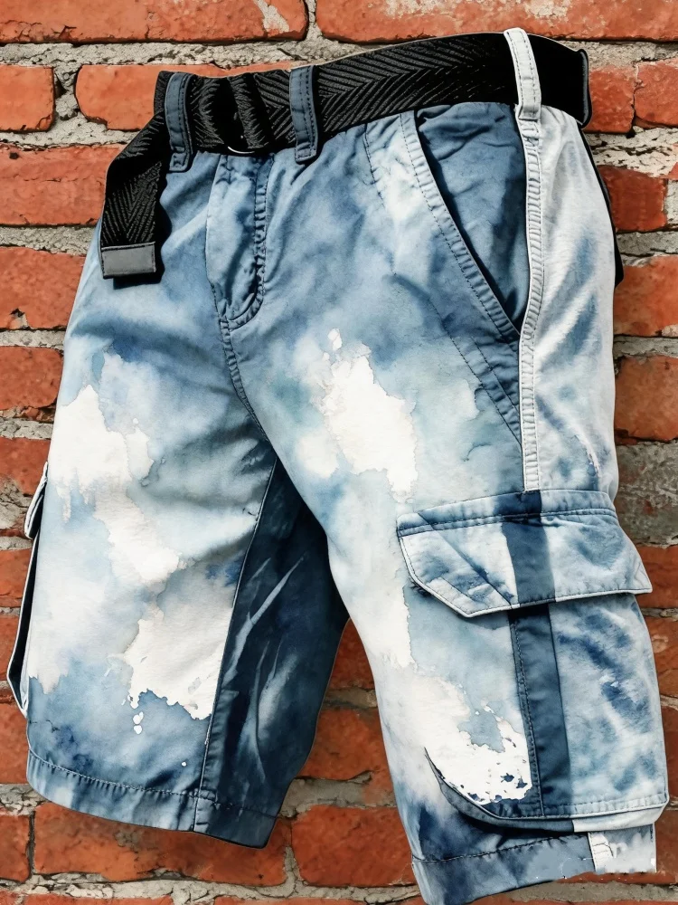 

Mens Cargo Shorts with Tie Dye Print Blue White Gradient Loose Fit Multi Pockets Elastic Waist Vintage Streetwear Shorts with Be