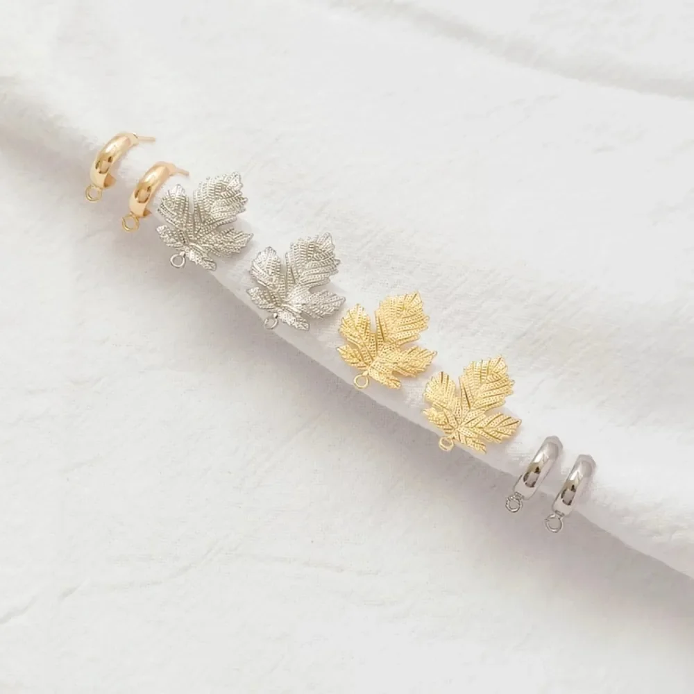 

14K Gold-plated White Gold Maple Leaf Pendant Ring Semi-circular C Ring S925 Earpin DIY Handmade Stud Earrings