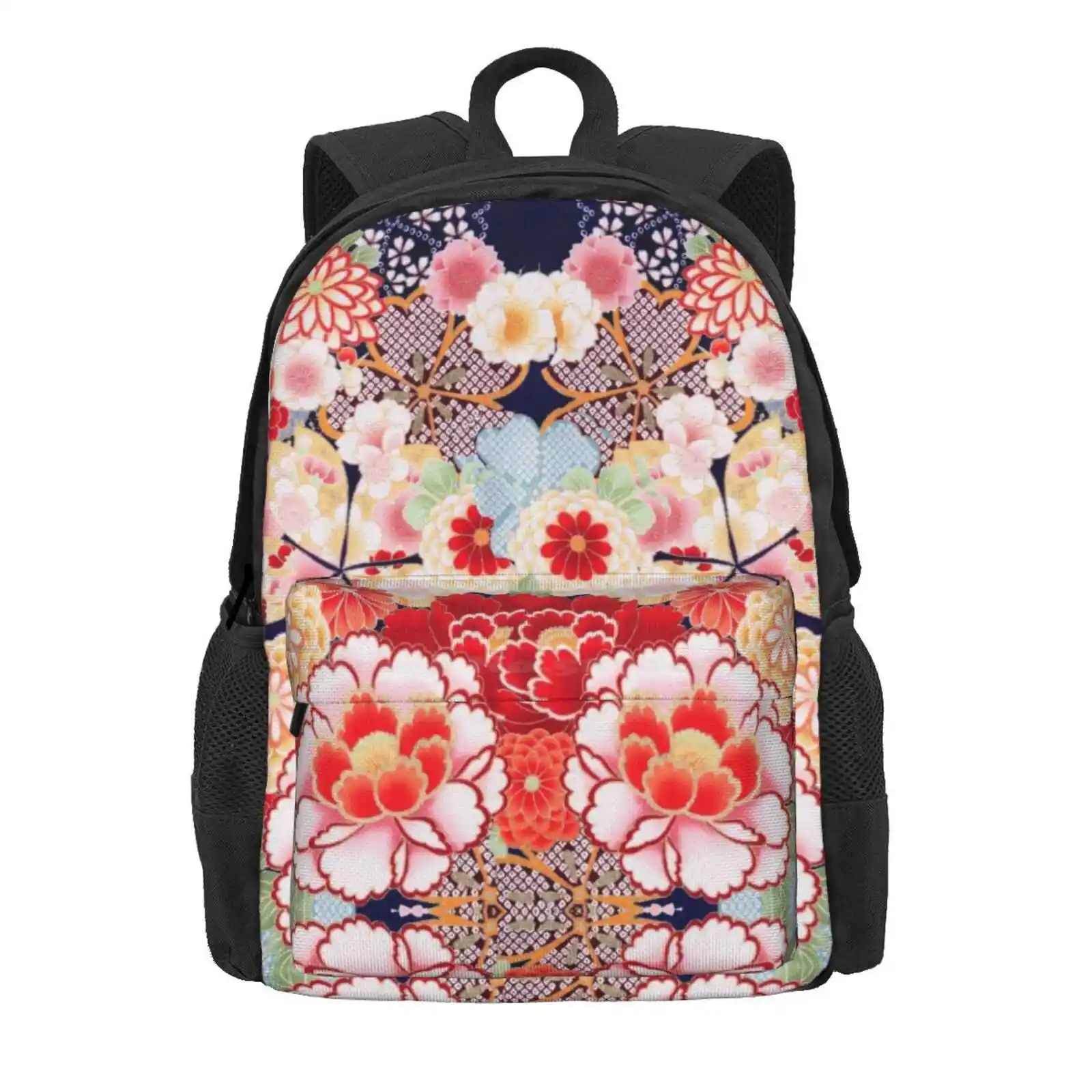 Antique Japanese Flowers Pink White Wild Roses Kimono Style Floral Hot Sale Schoolbag Backpack Fashion Bags Peony Wild Roses