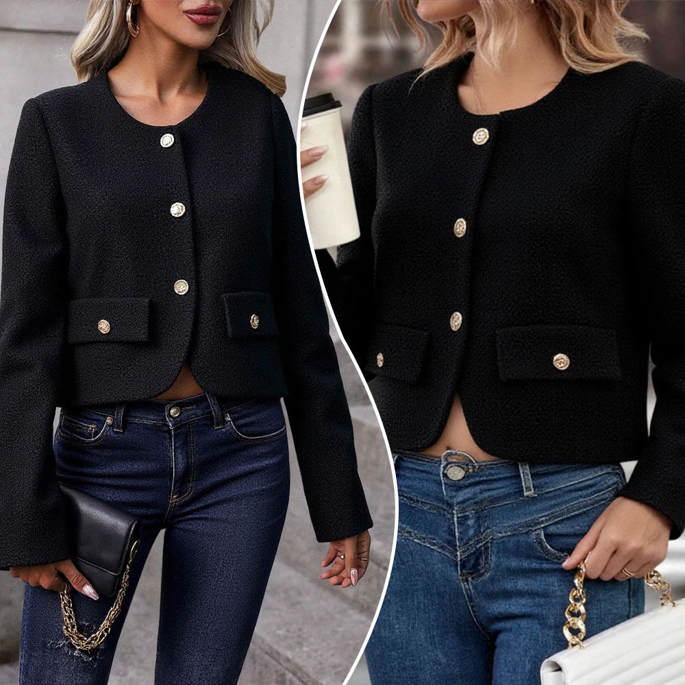 

Women's Vintage Black Tweed Jacket 2025 - Round Neck Gold Button Cropped Blazer, Elegant Office & Party Outwear