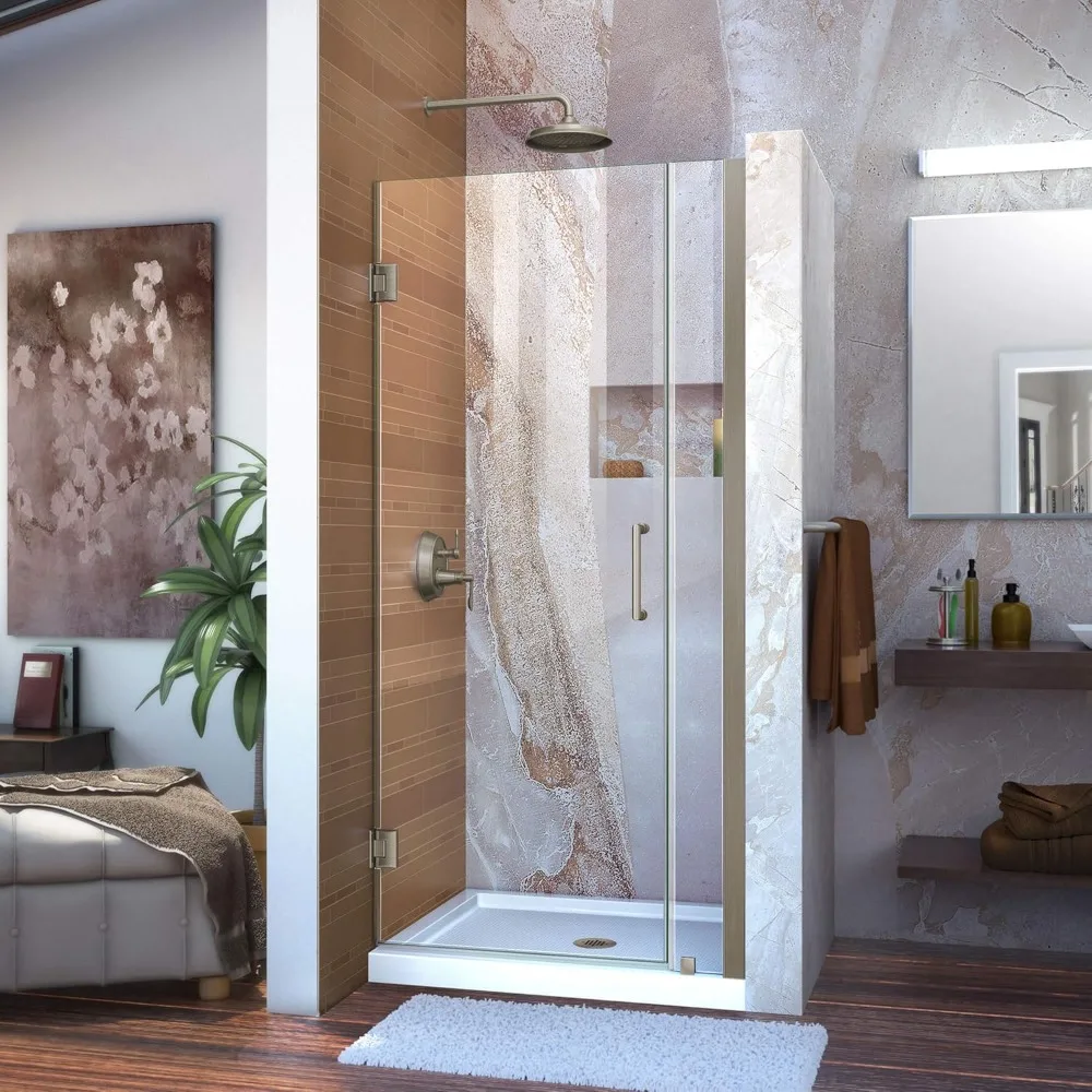 

33-34 in. W x 72 in. H Frameless Hinged Shower Door in Brushed Nickel Shower Doors