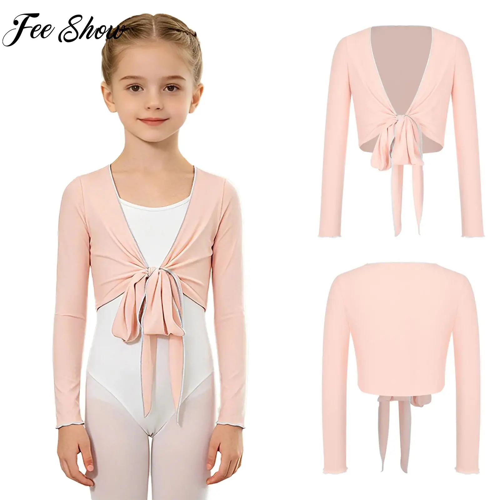 

Girls Ballet Wrap Crop Top Self Tie Long Sleeve Contrast Trim Shrug Soft Breathable Cotton for Dance Warm Up Practice Class