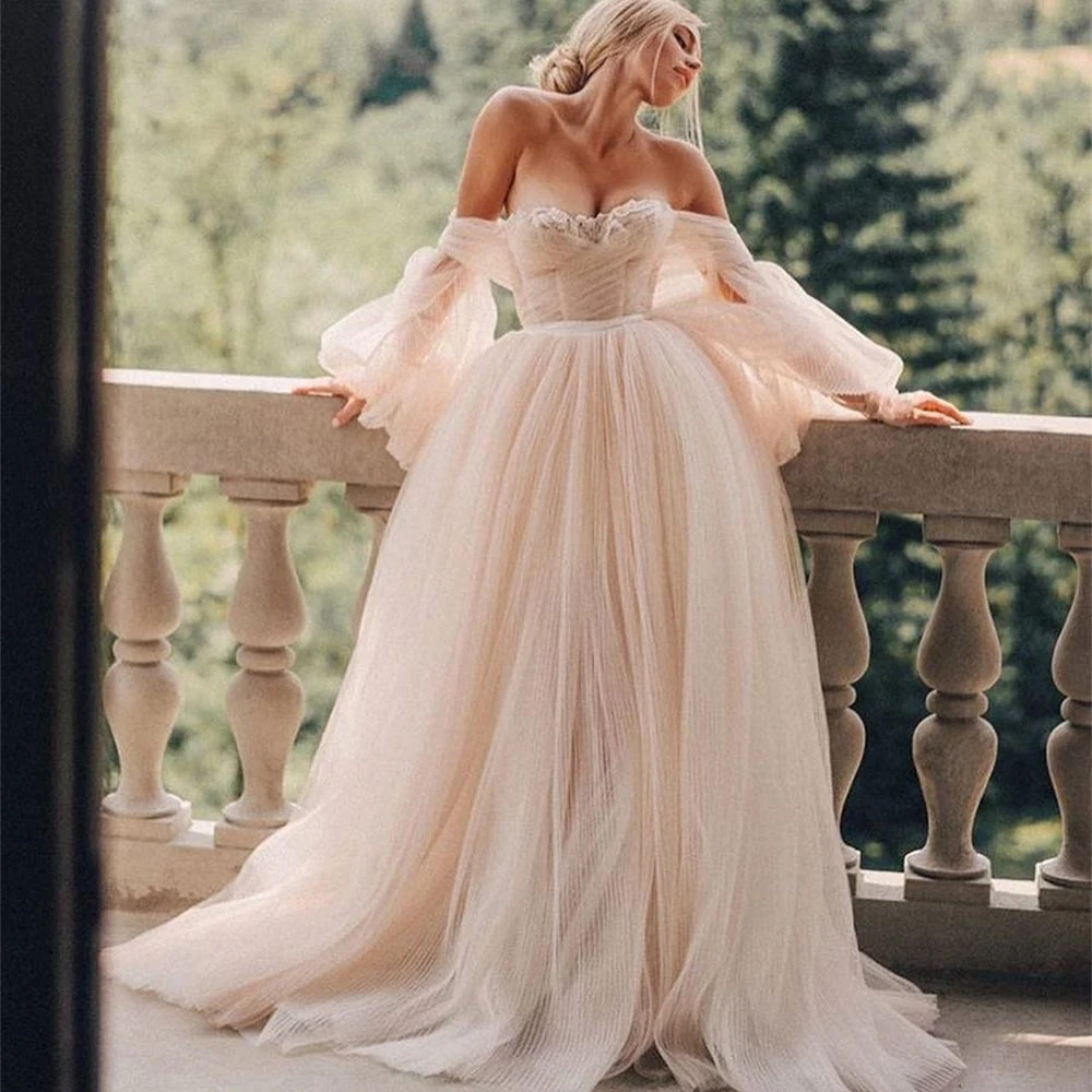 

Sexy Luxurious One-Shoulder Tulle Wedding Dress A Line Puff Long Sleeve Garden Country Bridal Gowns Sweetheart Wedding Gown Vest