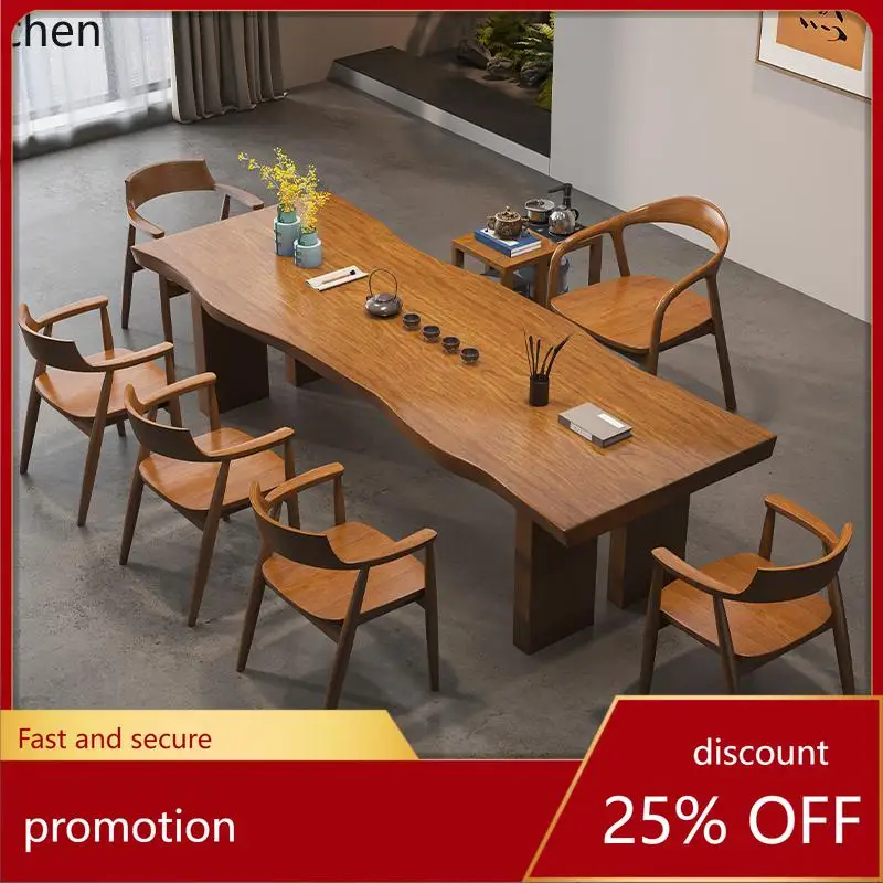 

HT new Chinese zen all solid wood large board table and chair combination modern new office tea table