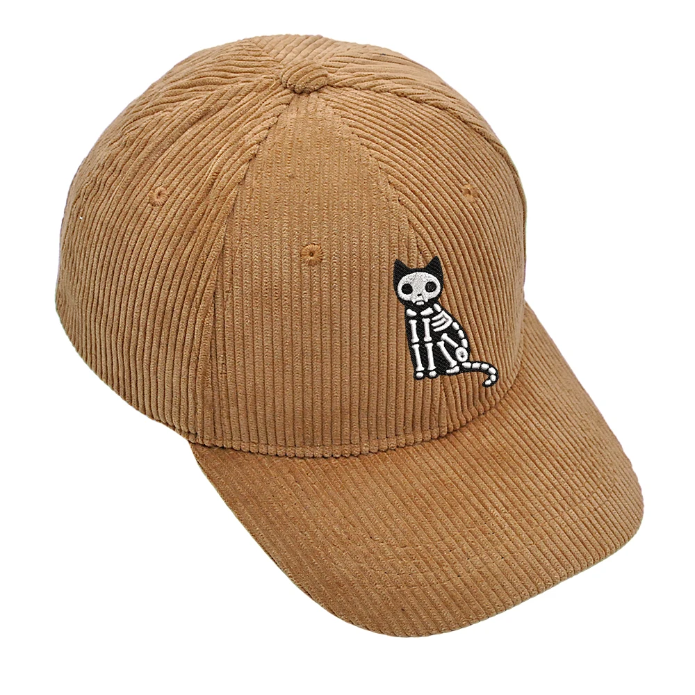 Skeleton Black Cat Baseball Cap Bone Cat Dad Hat Halloween Warm Corduroy Woman Man Peaked Cap