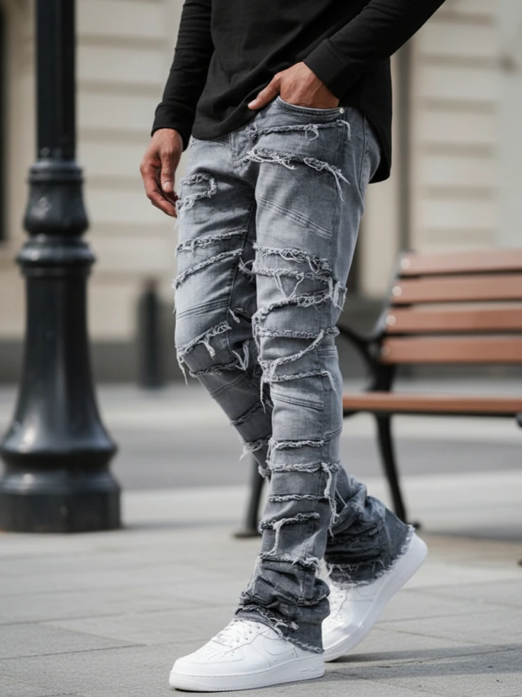 Men's High Street Distressed Stacked Jeans Patchwork Frayed Slim Straight Denim Pants Blue Trendy Fashion Slim Fit Trousers