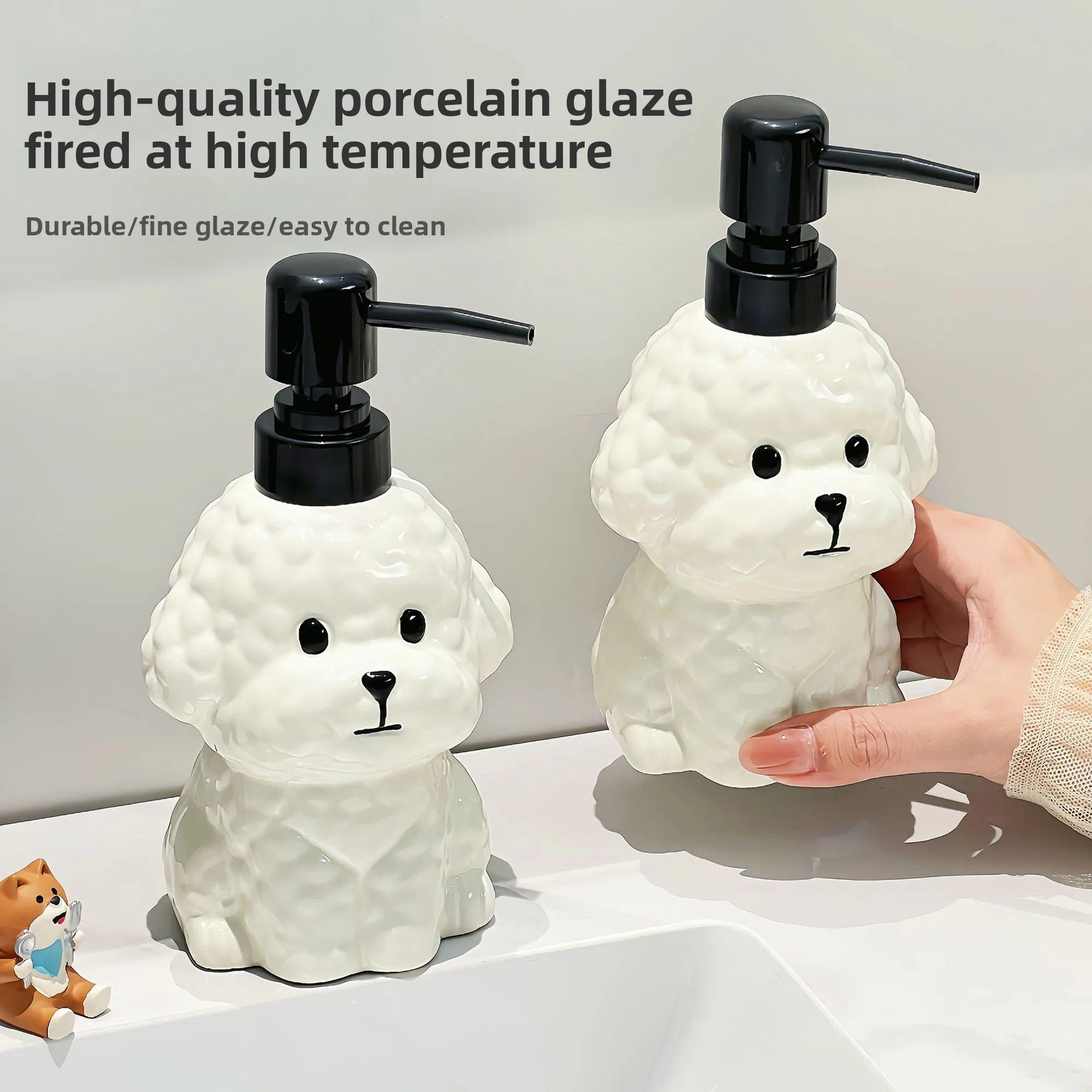 

Cute Teddy Dog Ceramic Dispenser Bottle for Soap, Lotion & Shampoo, Creative Press Pump Container for Bathroom Decor