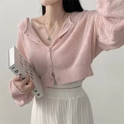 Chic Lazy Style Short Knitted Sweater Women's Sweet Lantern Sleeve Hooded Long Sleeve Open Cardigan Autumn Fashion Streetwear