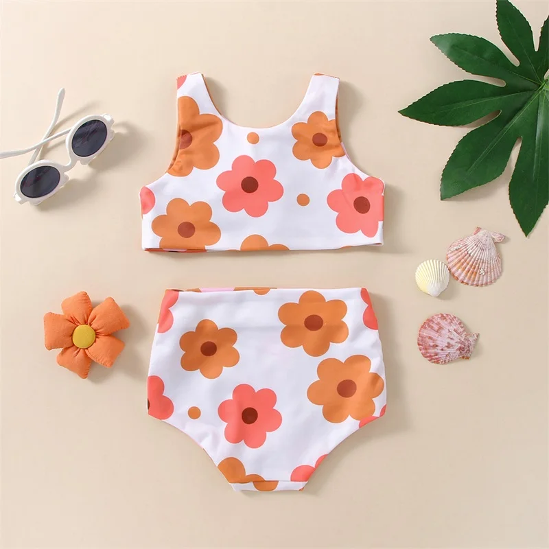 

Infant Girl s Summer Swimsuit Flower Heart Print V-Neck Front Knotted Vest High Waist Shorts