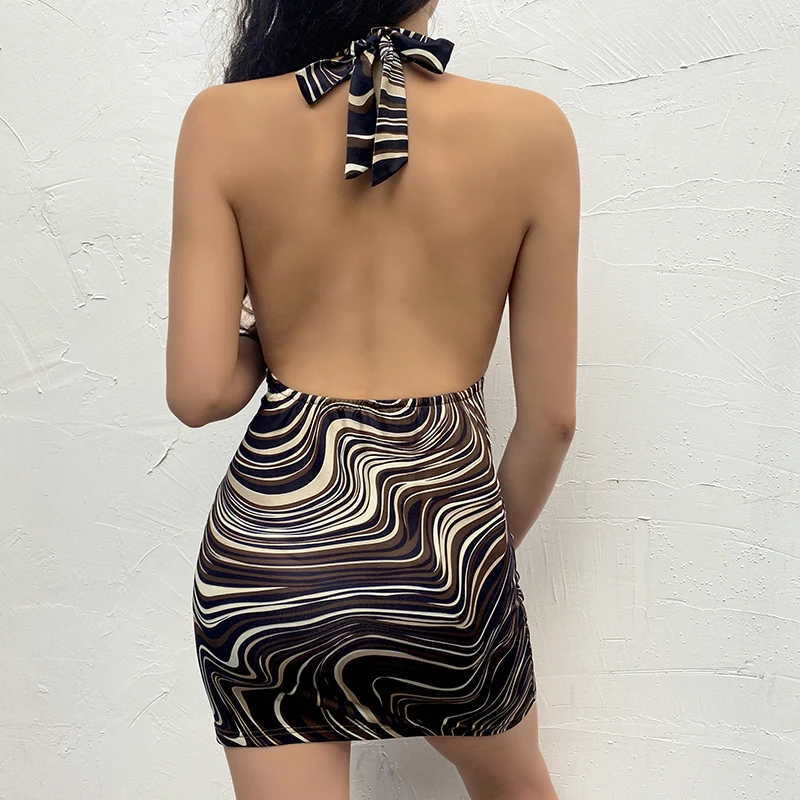 Striped Brown Body Dress Ladies Suspender Sexy Skinny Cutout Backless Dress Hot 2022 New Summer Sleeveless Beach Party Cut Dress