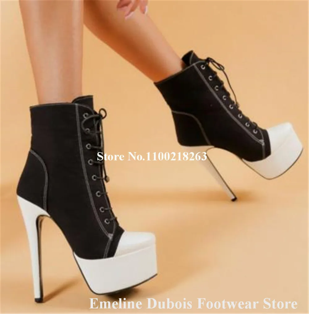 

High Platform Short Boots Emeline Dubois Round Toe Black Denim Patchwork Stiletto Heel Lace-up Ankle Booties Club Dress Pumps